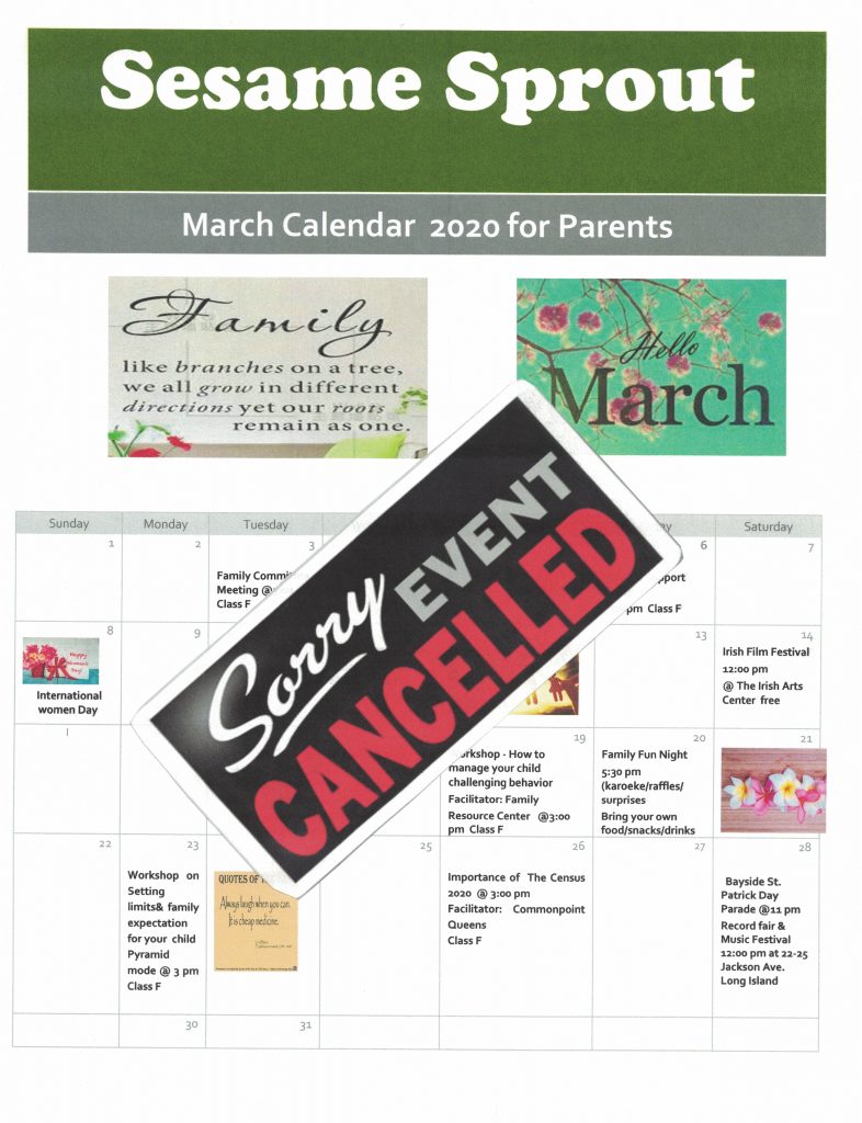 Sesame Sprout March Calendar Cancellation Sesame Sprout School